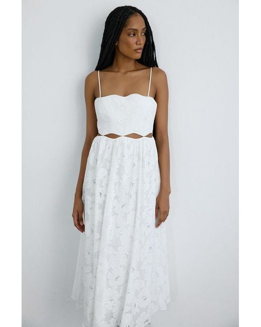 Rue Les Createurs White Thin Strap Midi Flared Dress