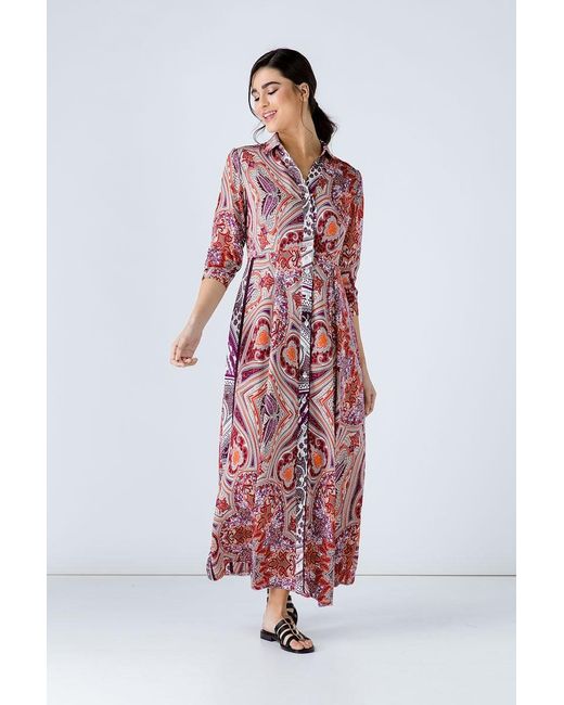 Conquista Red Print Maxi Dress With Buttons