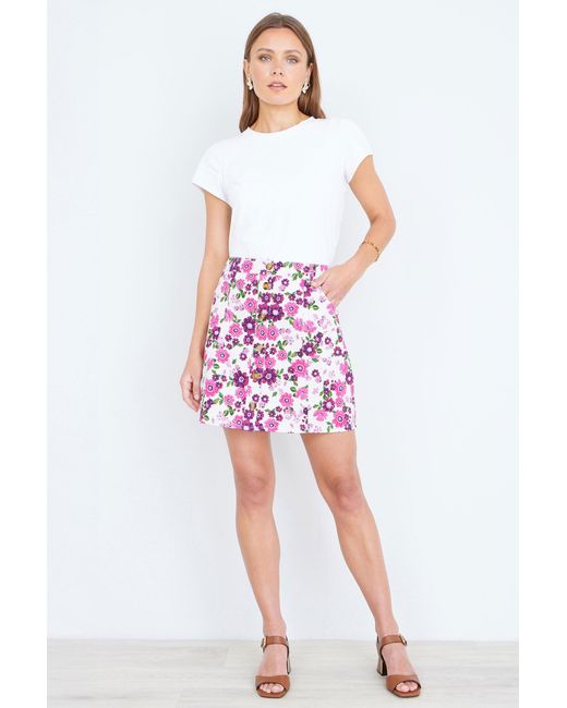 Yumi' Purple Retro Floral Cotton Stretch Mini Skirt