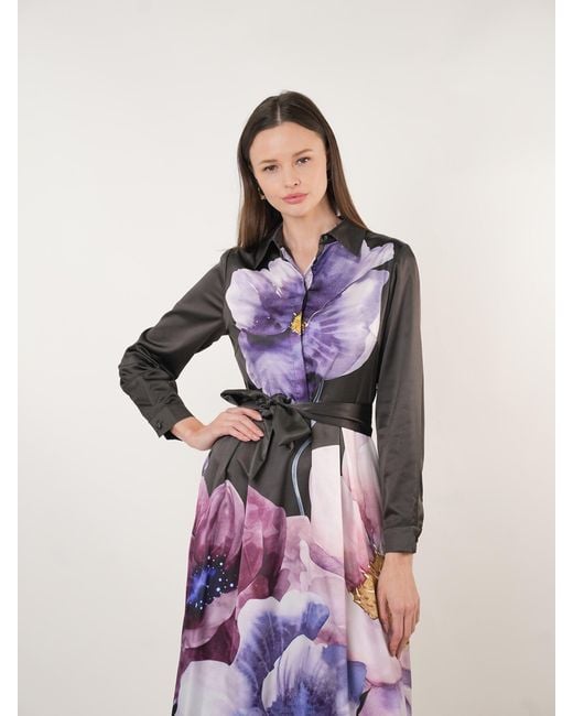 John Abgin Purple Satin Placement Print Floral Midi Shirt Dress