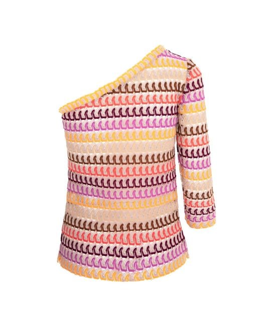 AVENUE No.29 Pink One-Shoulder Stripe Lace Blouse