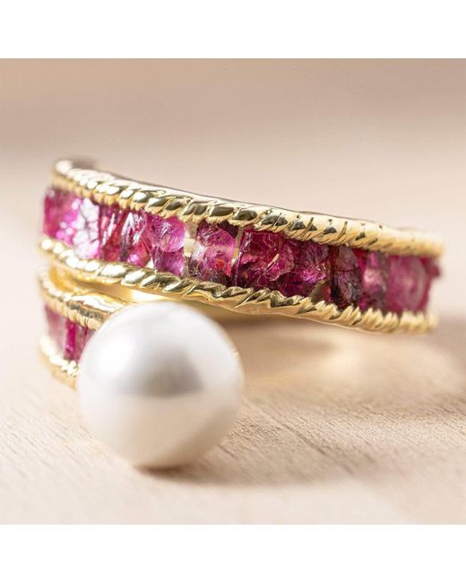 German Kabirski Multicolor Rhea Handmade Ring With Raw Rubies & Cultured Pearl