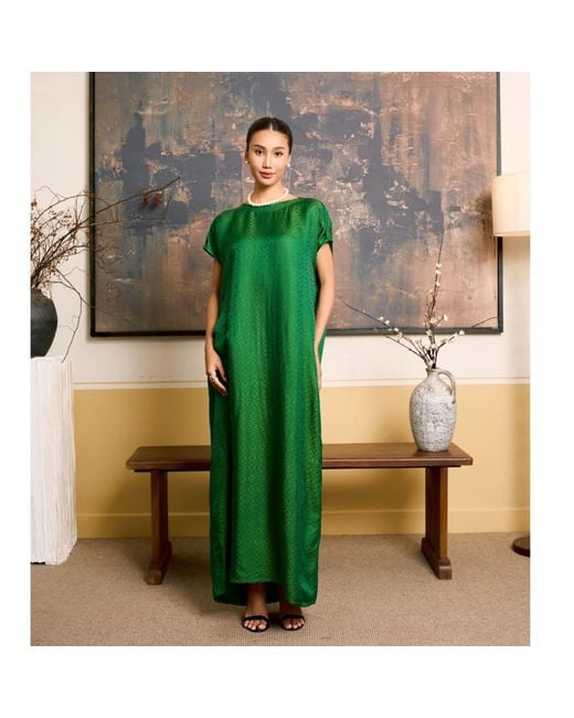 Silk and Bears Green Seraphine Emerald Jade Geometric Jacquard Silk Kaftan Maxi Dress