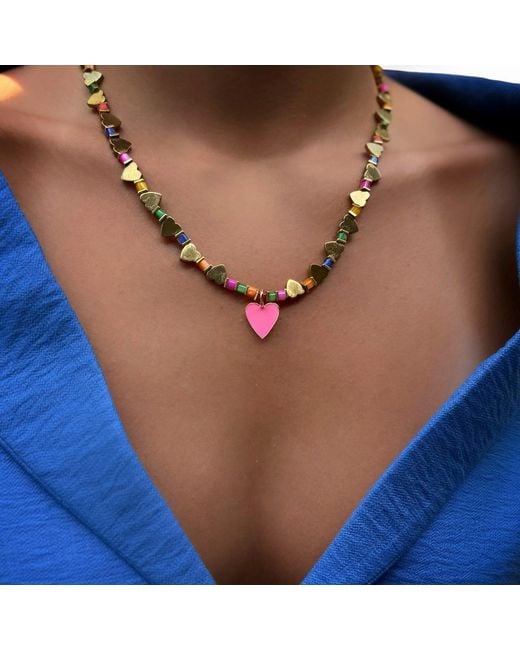 Ebru Jewelry Metallic Heart Pendant Heart Beaded Colorful Necklace