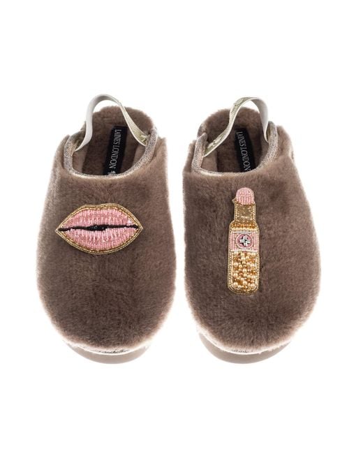 Laines London Brown Neutrals Flatform Cloud Closed Toe Slippers With Lips & Lipstick Brooches