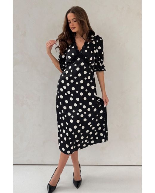 Girl In Mind Black Sharon V-Neck Puff Sleeve Polka Midi Dress