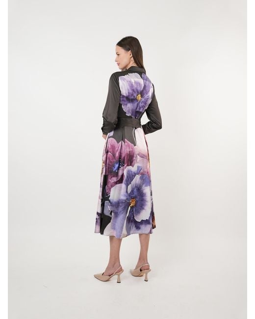 John Abgin Purple Satin Placement Print Floral Midi Shirt Dress