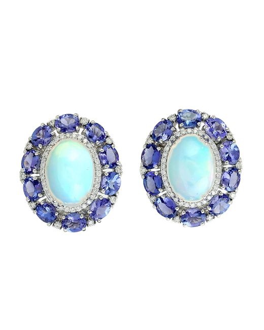 Artisan Blue 18k White Gold In Oval Ethiopian Opal & Tanzanite Pave Diamond Vintage Stud Earrings