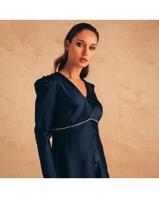 MIONÈ Blue Mini Silk Dress With Diamond Detail