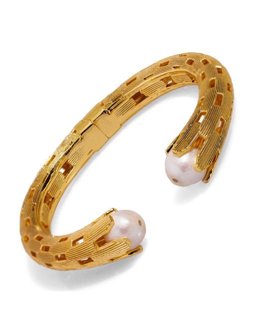 Ebru Jewelry Metallic Cleopatra & Pearl Chunky Cuff Design Bracelet