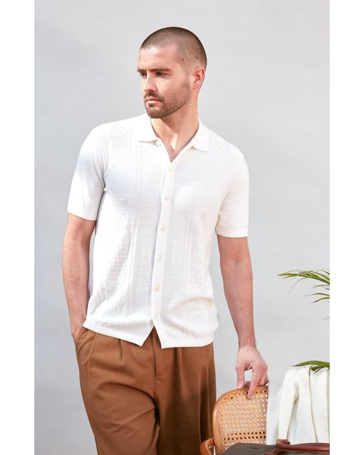 Paul James Knitwear White Organic Cotton Dante Linen Patterned Shirt for men