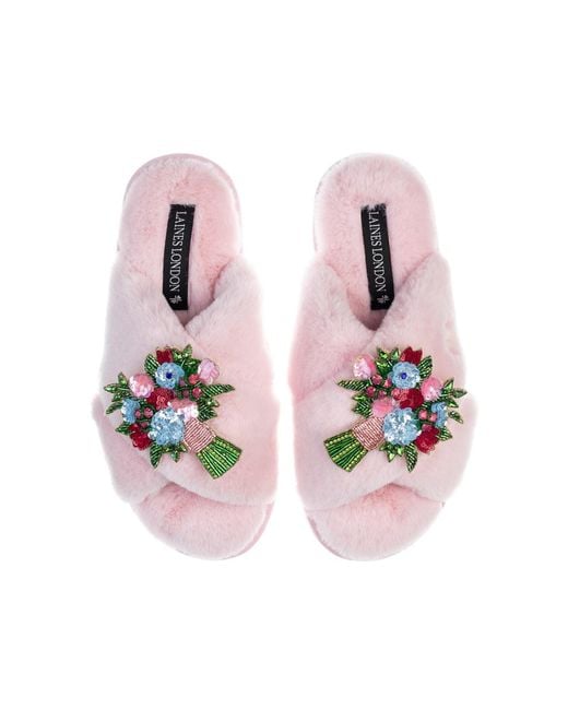 Laines London Pink Classic Laines Slippers With Double Floral Bouquet Brooches