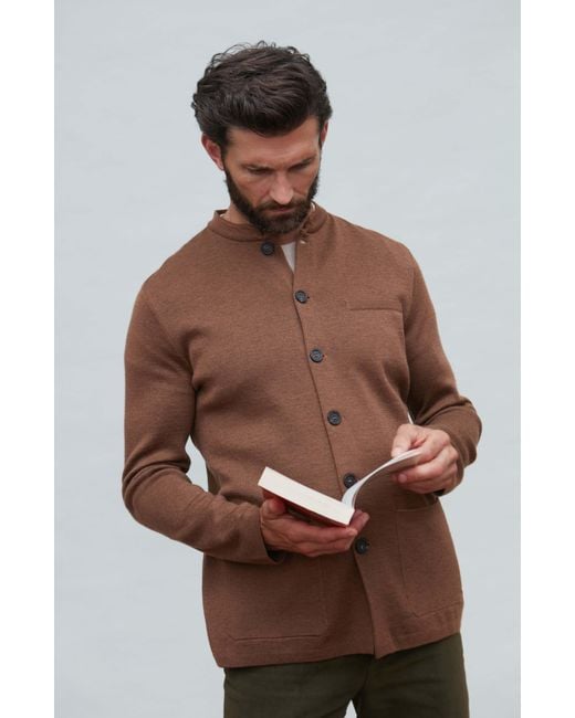 Paul James Knitwear Brown Extra Fine Merino Wool Alonzo Knitted Nehru Jacket for men