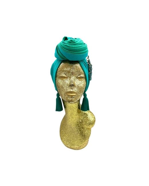 Julia Clancey Green Edith Jade & Azure Peacock Reversible Tassels Linen Turban