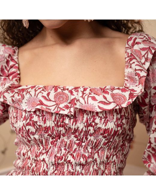 Echo of Pink Pink Portia Smoked Hand Block Print Cotton Floral Midi Dress