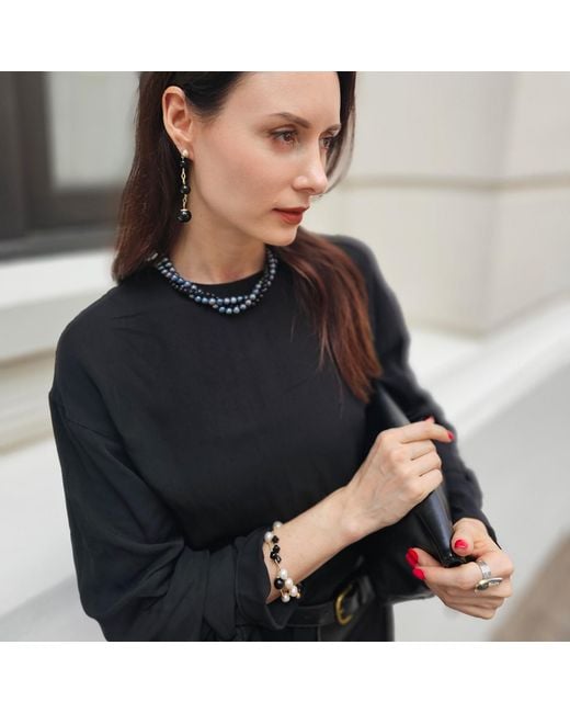 Farra Metallic Obsidian And Pearls Double Layers Bracelet Or Choker