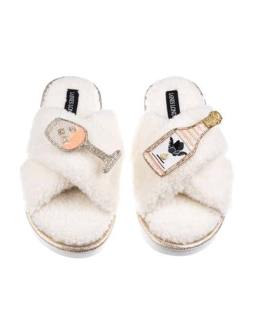 Laines London White Neutrals Laines Neutral Boucle Slippers With Angelic Rose Wine Brooches