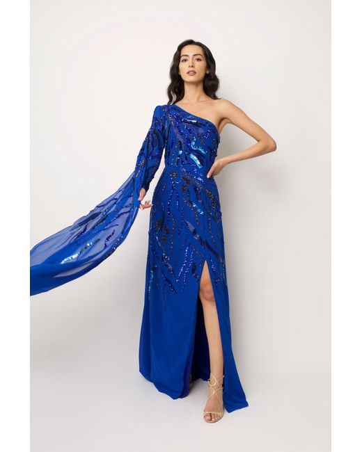 Raishma Blue Astrid A One Shoulder With A Dramatic To-the-floor Draped Georgette Train, Falling From The Shoulder Gown
