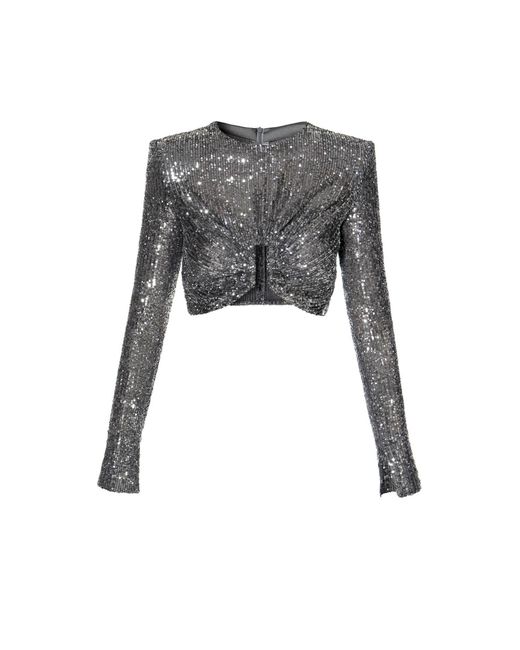 AGGI by HALEWSKI Gray Meg Diamond Sequined Crop Top With Long Sleeves