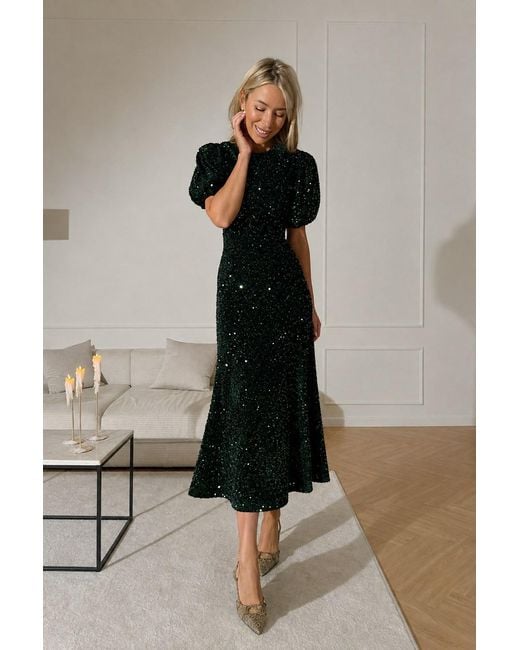 POST MERIDIEM Black Emerald Decorated Velvet Puff Sleeve Midi Dress