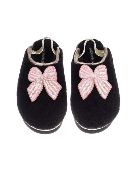 Laines London Black Flatform Cloud Closed Toe Slippers With Stripe Bow Brooches