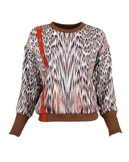 Lalipop Design Brown Animal Print Knit Sweatshirt With Button Detail