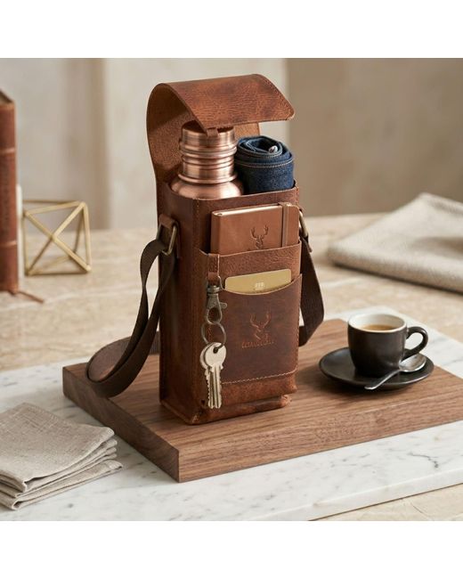 Anatoliacraft Brown Leather Water Bottle Crossbody Bag With Utility Pocket for men