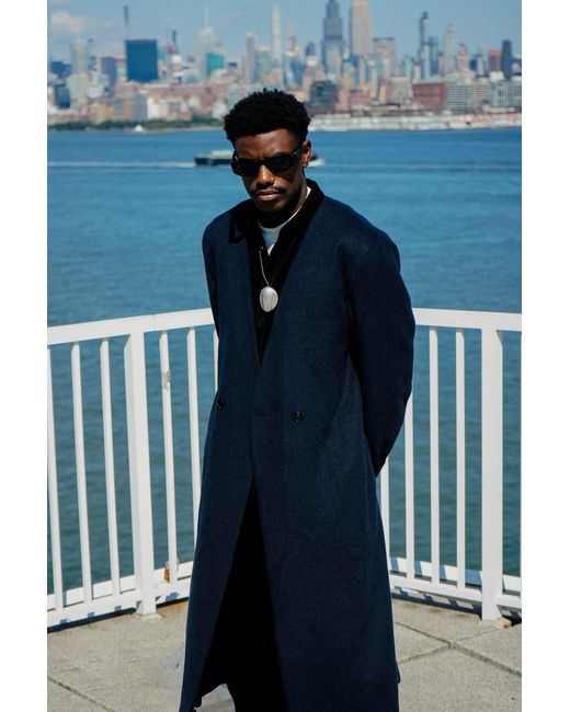 Éclectique Blue Collarless Long Coat for men