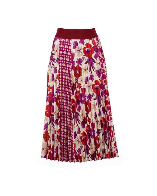 Lalipop Design Red Half Circle Pleated Midi Skirt With Floral & Geometric Print