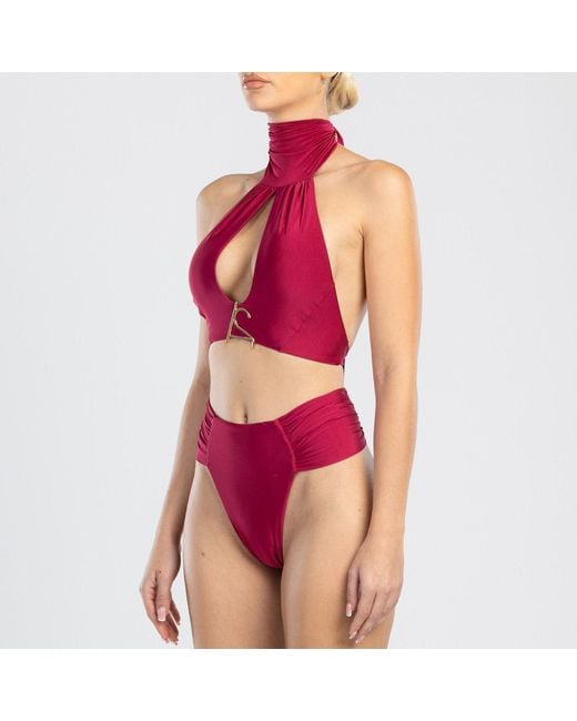 ANTONINIAS Red Clam High Waisted Side Draped Bikini Bottom