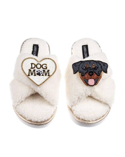 Laines London White Neutrals Boucle Slippers With Dog Mum/Mom & Rottweiler Brooches