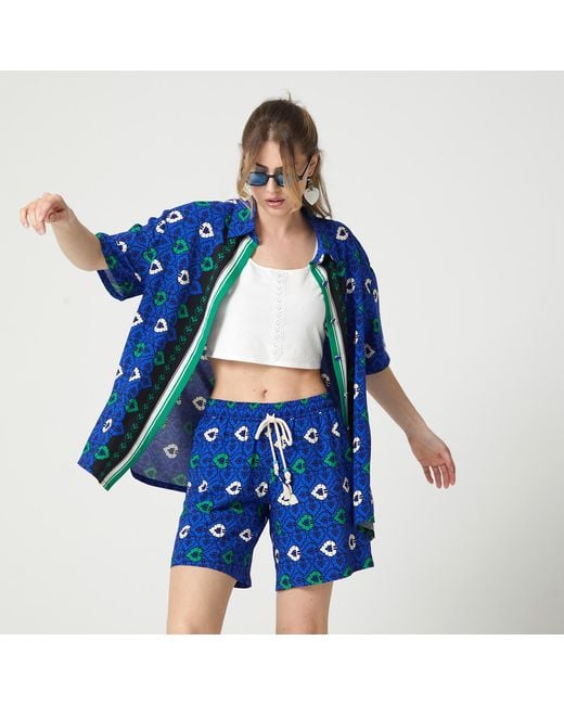 Lalipop Design Blue Abstract Print Viscose Short Sleeves Shirt & Crop Top Set