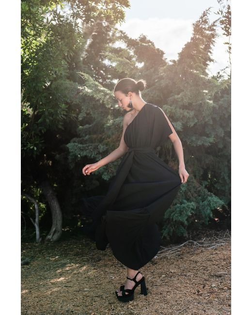 Jennafer Grace Black Diamond Pleated One-Shoulder Maxi Dress