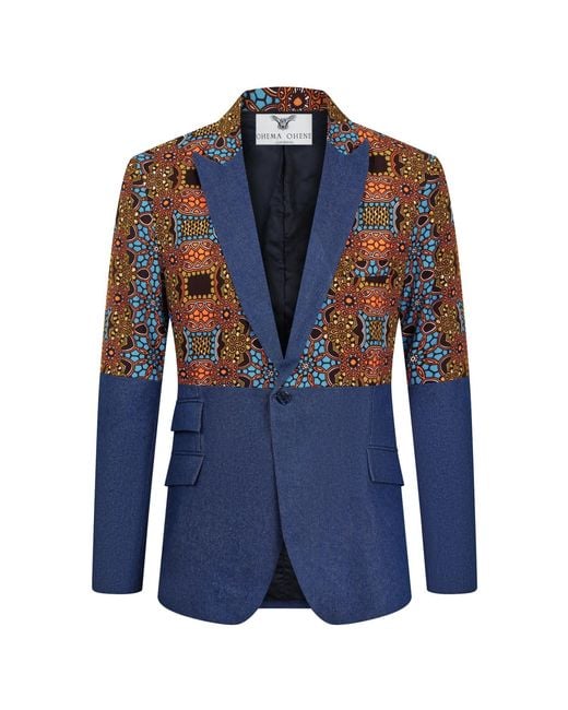 Ohema Ohene Blue Denim & African Print Lapel Blazer for men