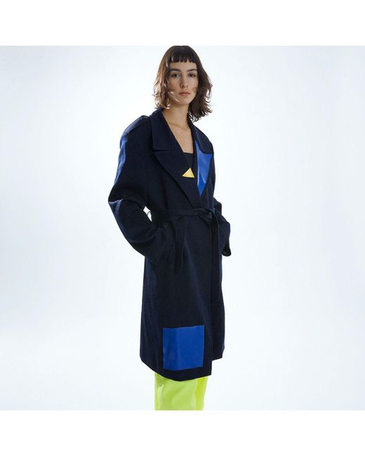Miro Misljen Blue Printed Belted Overcoat