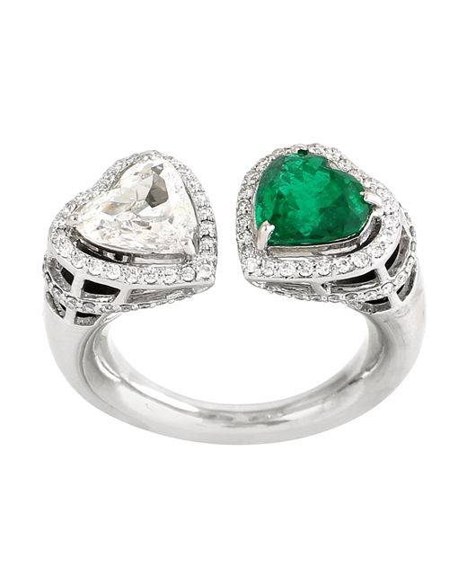 Artisan Metallic Heart Cut Natural Emerald & Diamond In 18k White Gold Bypass Designer Ring