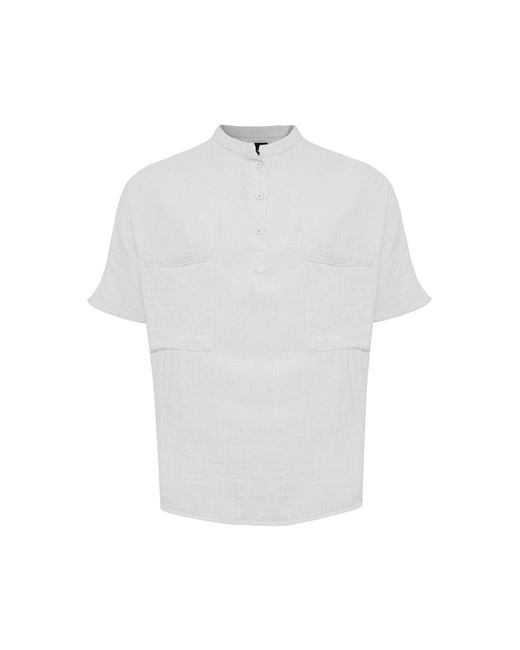 Monique Store White Linen Mandarin Neck Half Button, Two Chest Pockets Shirt for men