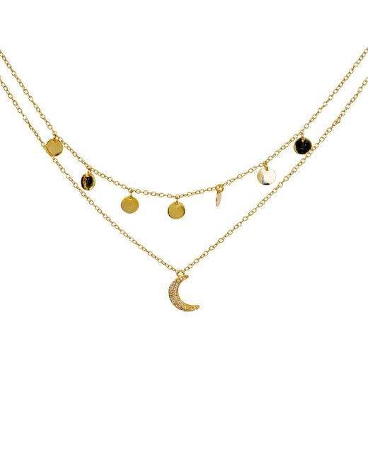 Lila Rasa Metallic Celestial Double Layer Necklace Crecent Cz Moon