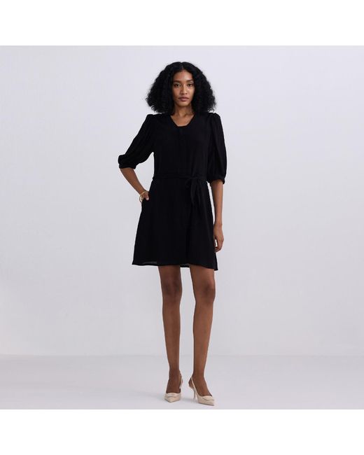 REISTOR Black Short Crepe Dress With A Waist-Tie