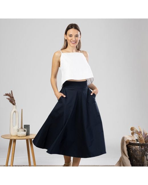 Nikka Place Blue Cotton Midi Flared Skirt With High Waist And Pockets