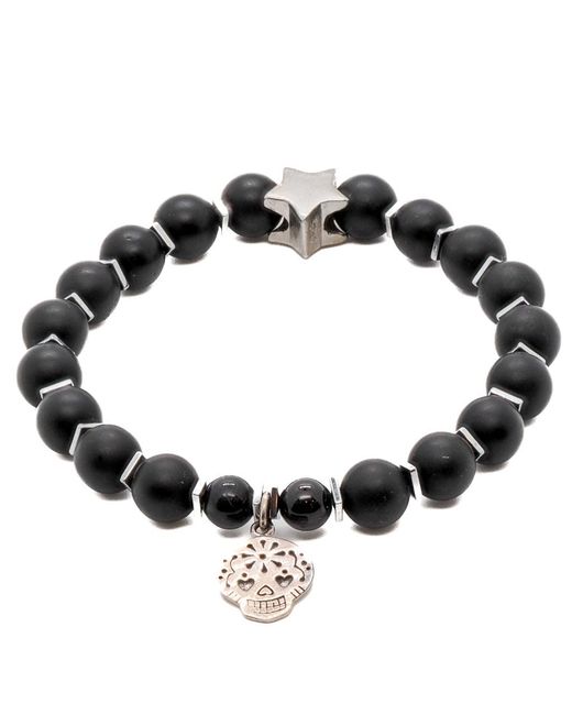 Ebru Jewelry Black Sterling Sugar Skull Charm Onyx Stone Beaded Bracelet