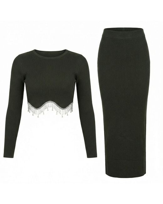 Cy Boutique Green Diamond Embellished Scalloped Knit Top And Midi Skirt Co-Ords