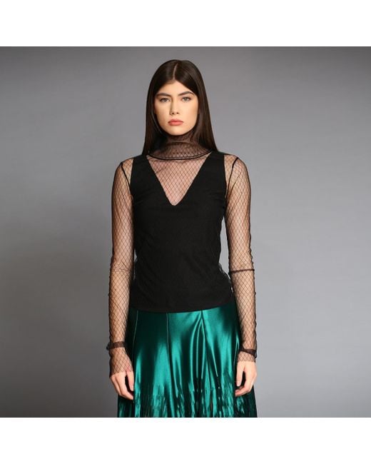 Silvia Serban Black Textured Tulle Turtleneck Top