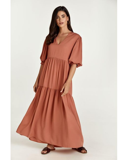Conquista Red Terracotta V Neck Maxi Dress