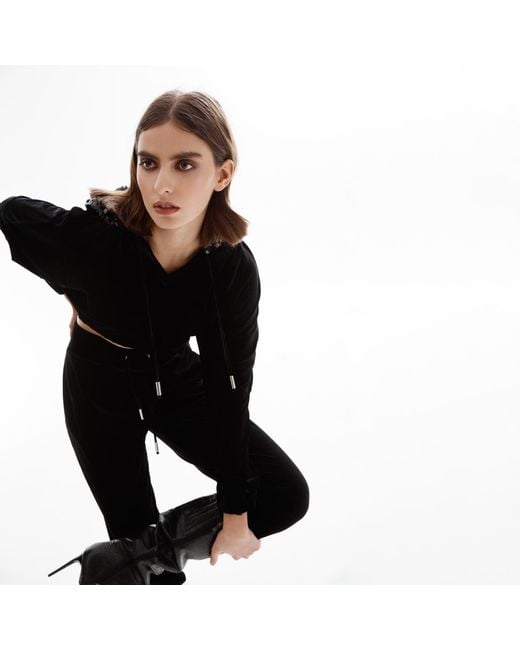 Lita Couture Black Short Hooded Velvet Sweatshirt