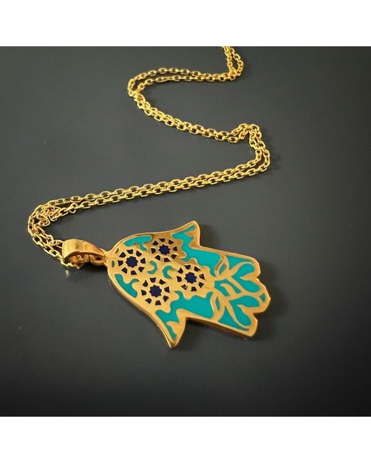 Ebru Jewelry Blue Good Vibes Enamel Hamsa Necklace Gold