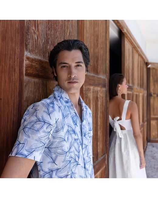 Haris Cotton White Printed Linen Byron Shirt Copper Fern for men