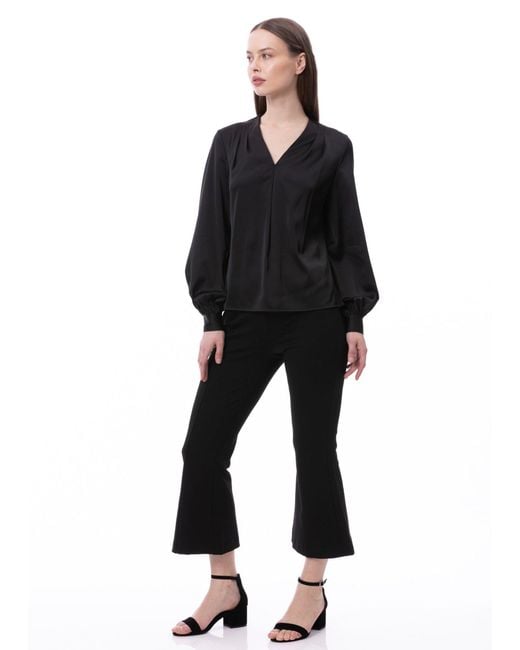 Carloslines Blue V-Neck Pleat Detail Balloon Long Sleeve Blouse
