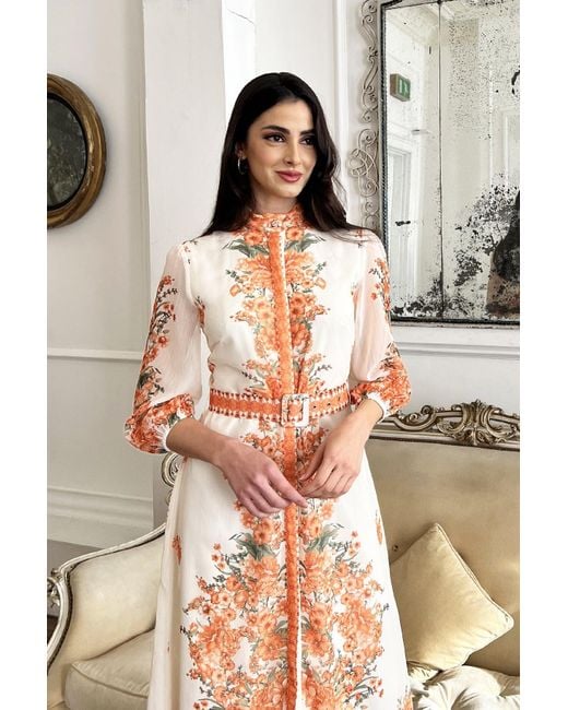 Raishma Pink Rose Floral 3/4 Length Sleeve Belted Midi Shirt Dress
