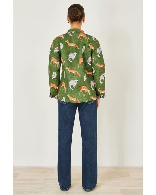 Yumi' Green Fox Print Reversible Cotton Quilted Jacket